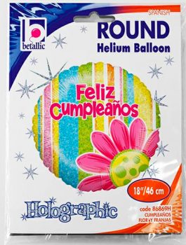 Globo foil Feliz Cumpleaños flor y franjas